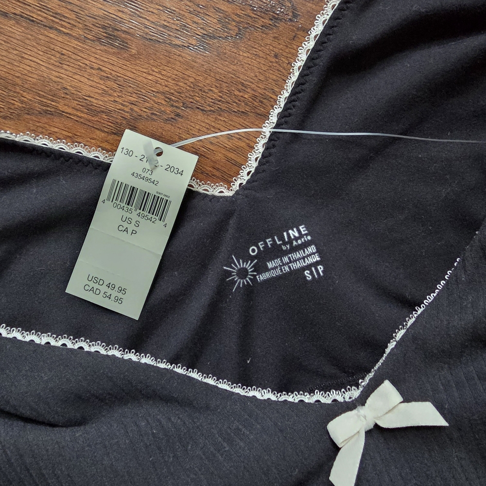 NWT Offline by Aerie Ribbed Lace-Trim Bow Long Sleeve Top – Black - Picture 4 of 4